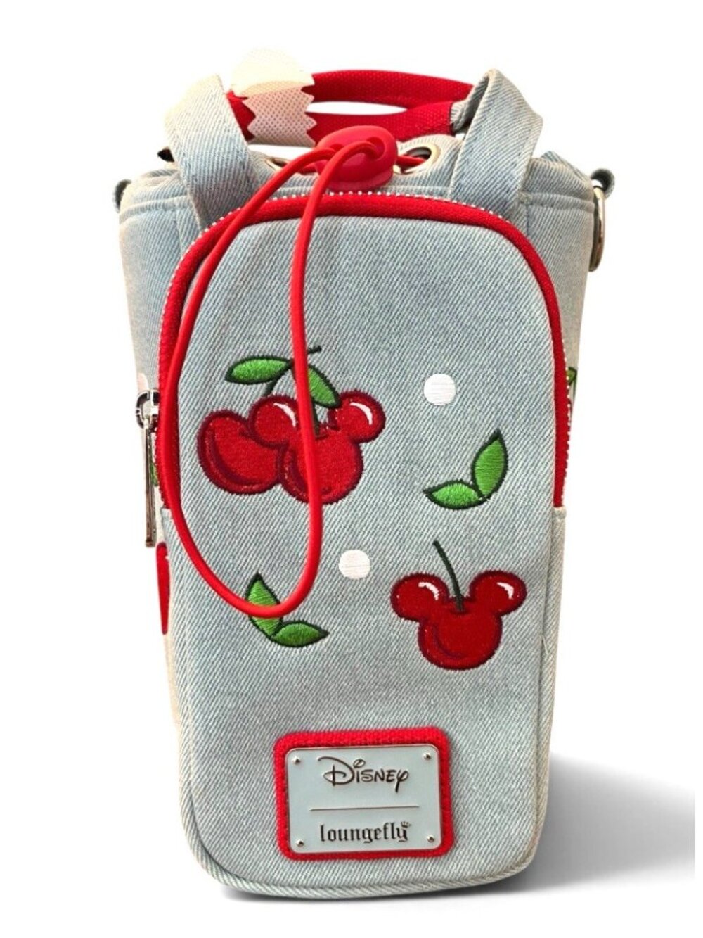 Loungefly Mickey Mouse Cherries Denim Water Bottle Holder Crossbody Bag NWT